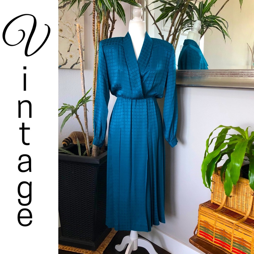 VTG 80s 90s Liz Claiborne Long Silk Jaquard Dress